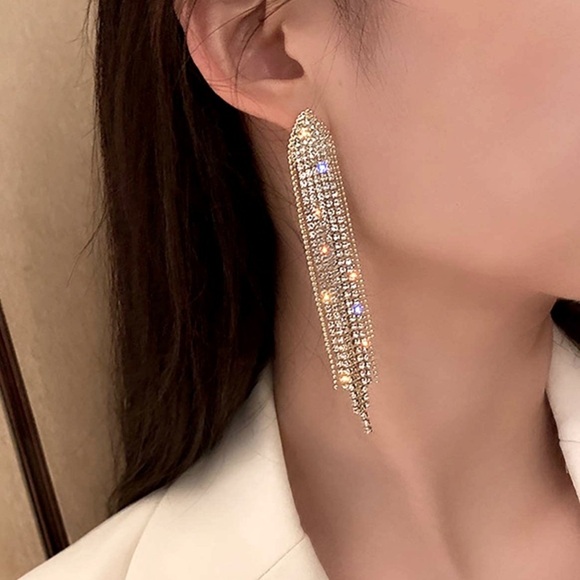 Gold Rhinestone Crystal Drop Chandelier Earrings - Picture 2 of 6